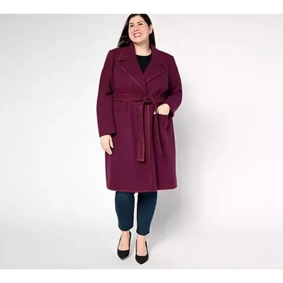 Beautiful by Lawrence Zarian Womens M Belted Double Knit Lined Coat Fig NWOT - Picture 2 of 6